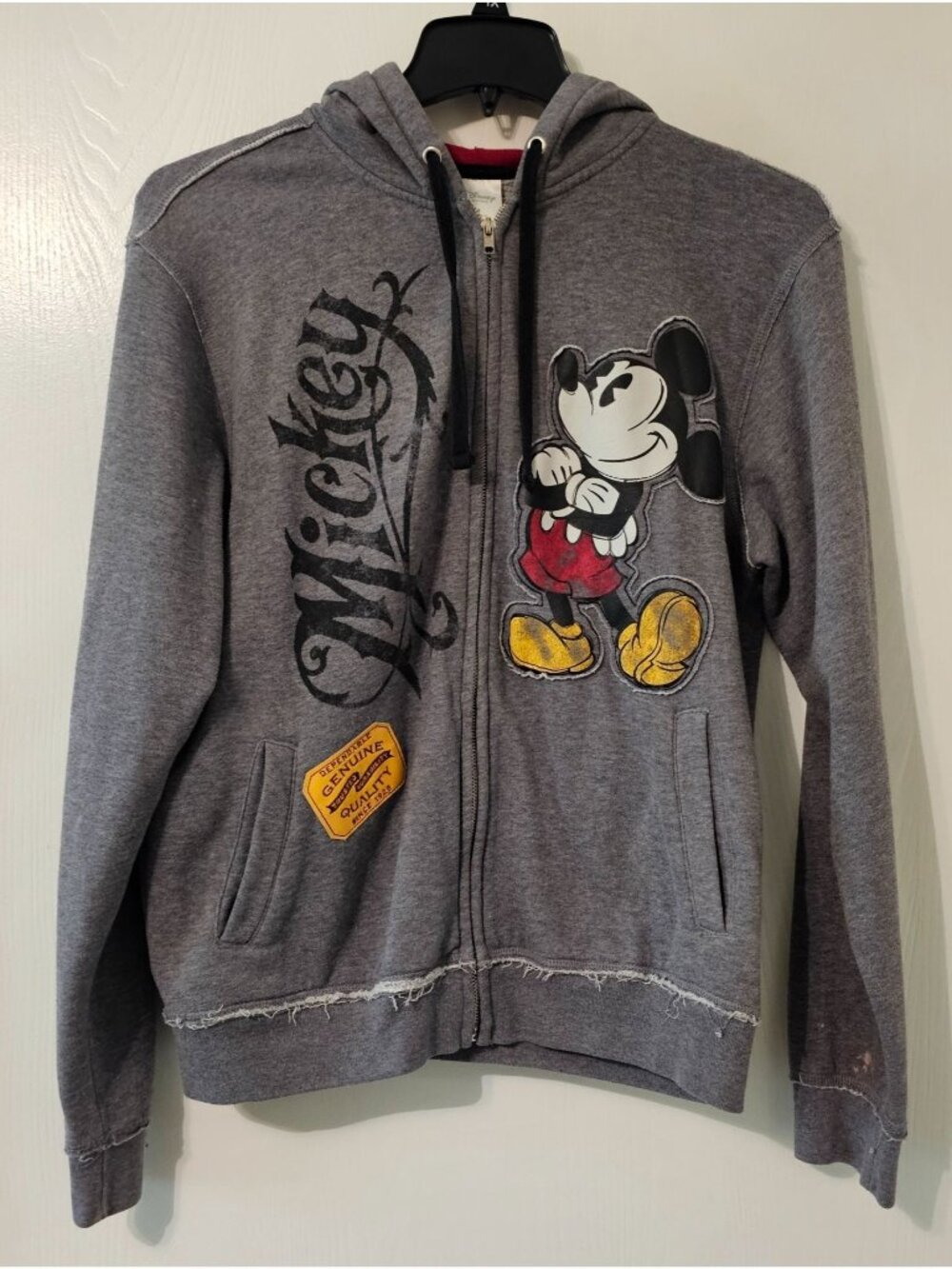 Mickey Mouse Disney Womens Gray Zip Hoodie W/Distressed Hem S Y2k VTG Look READ